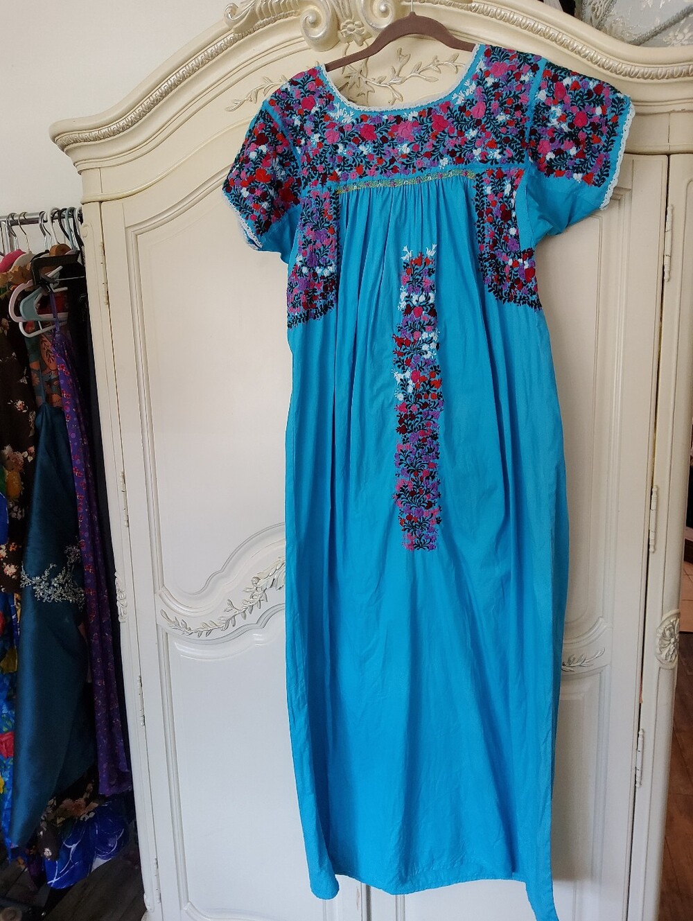 1970s Turquoise Hand-Embroidered Mexican Maxi Dress